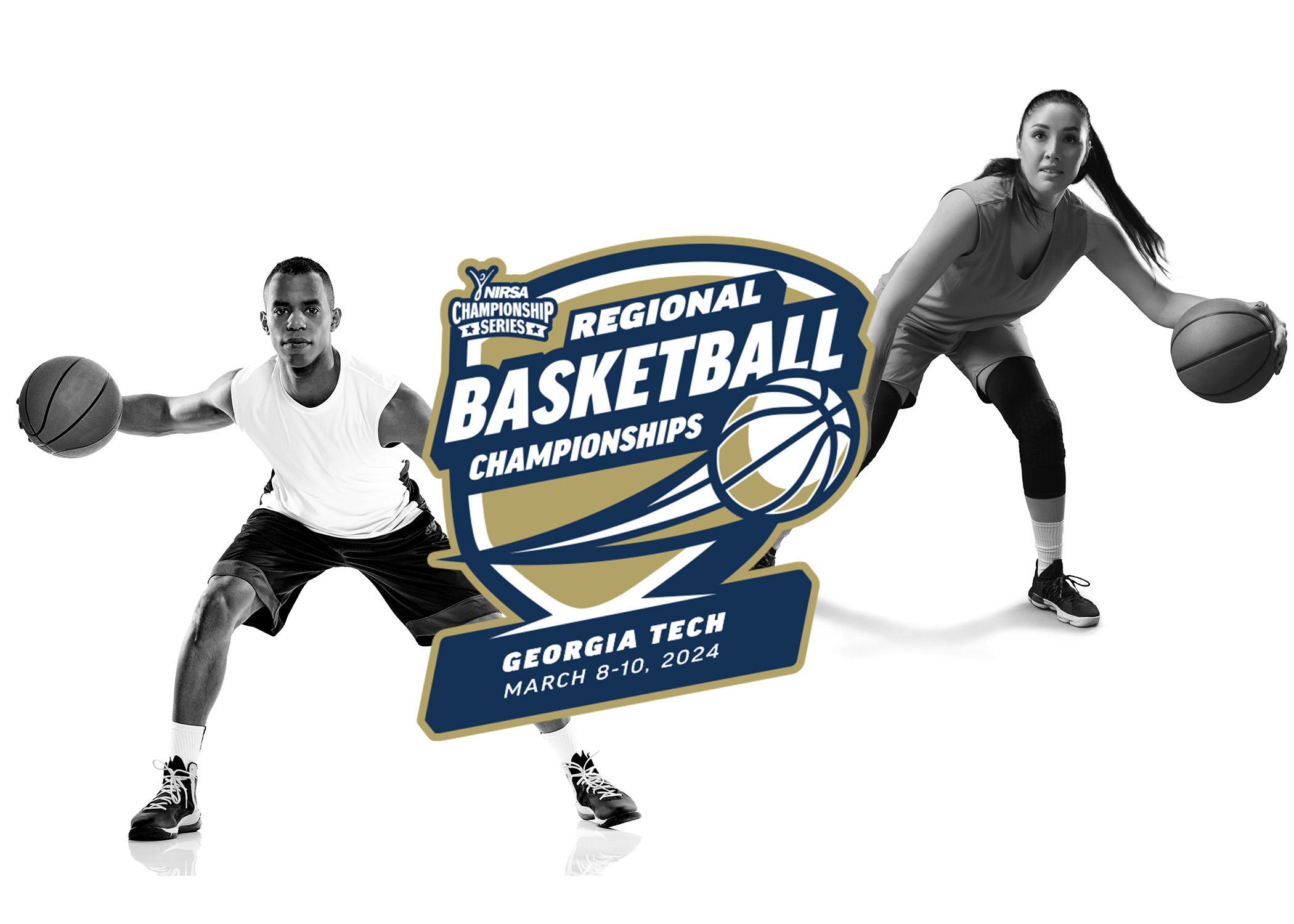 One male and one female basketball player behind the NIRSA tournament logo