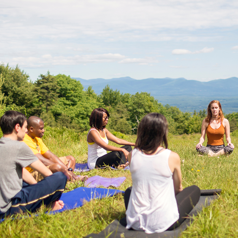 Group meditating outdoors.