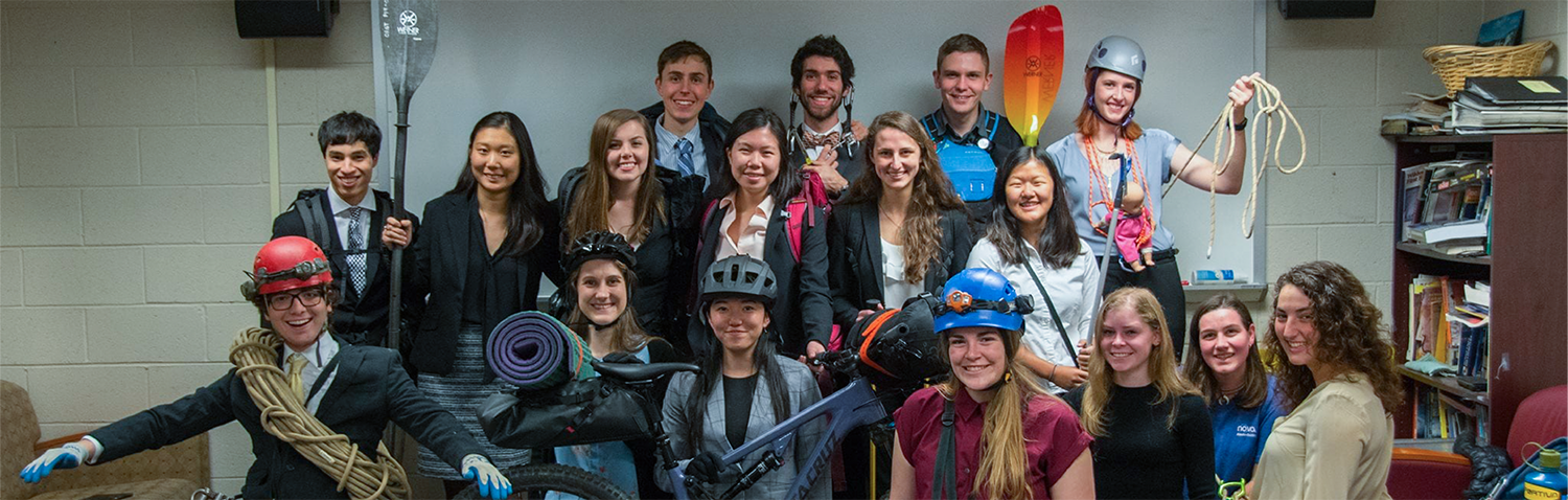 GT student staff posing with outdoor gear.