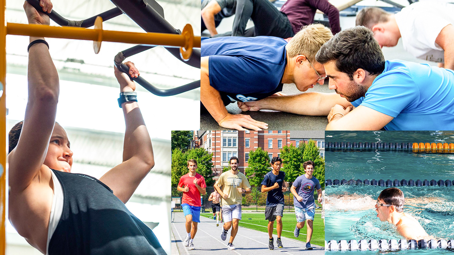 Collage of images: a woman doing pull-ups, a man doing push-ups, a group running, and a man swimming.